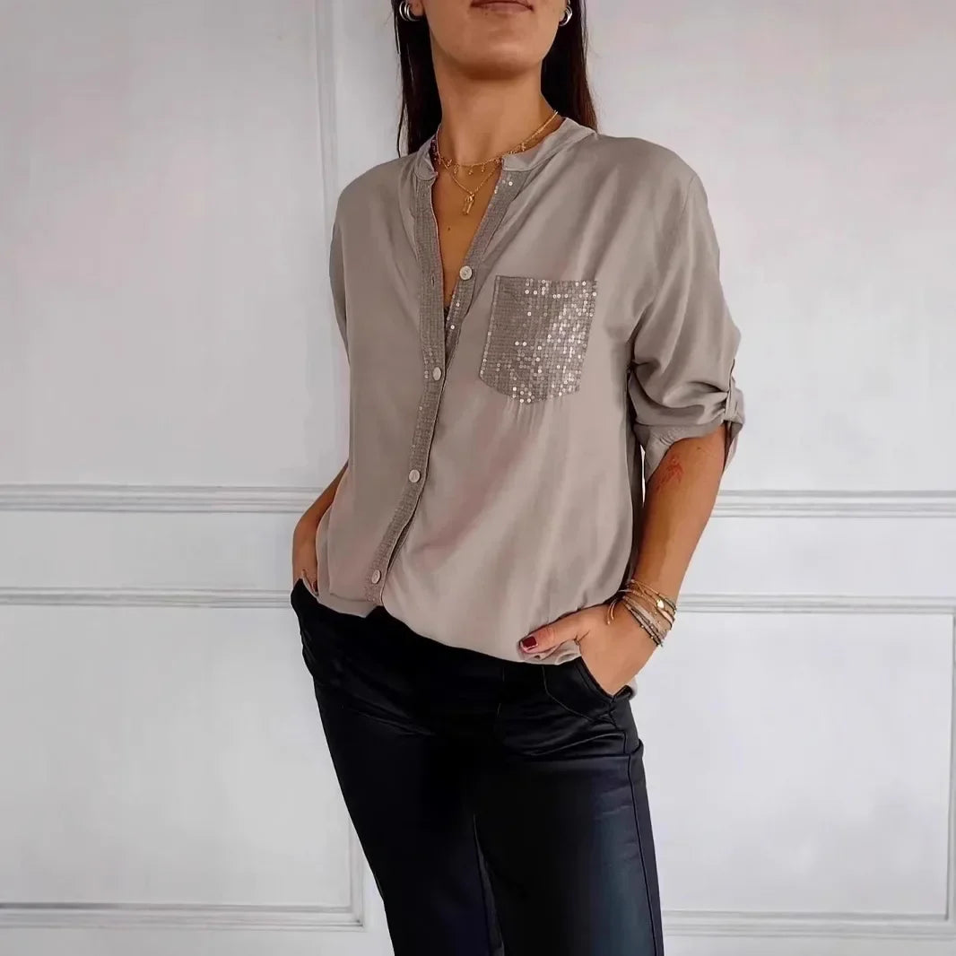 Vivienne – Tailored Blouse with Glitter Chest Pocket