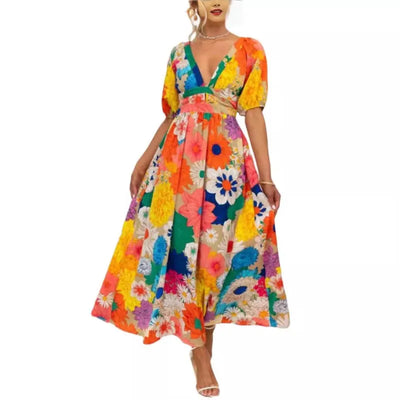 Women’s Maxi Dress – V-Neck – Puff Sleeves – Floral Print – Flowy Relaxed Fit