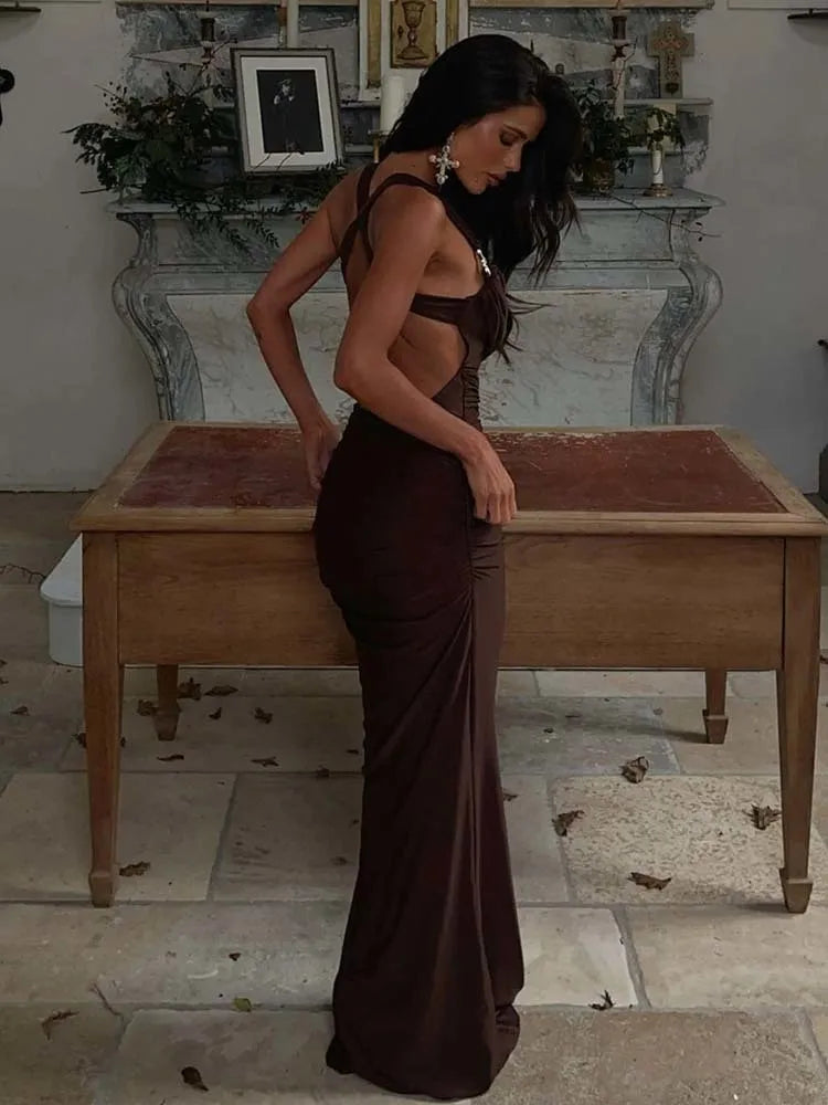 Women’s Evening Gown – Satin Bodycon Fit – Draped Neckline – Metallic Straps – Full Length