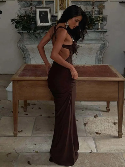 Women’s Evening Gown – Satin Bodycon Fit – Draped Neckline – Metallic Straps – Full Length