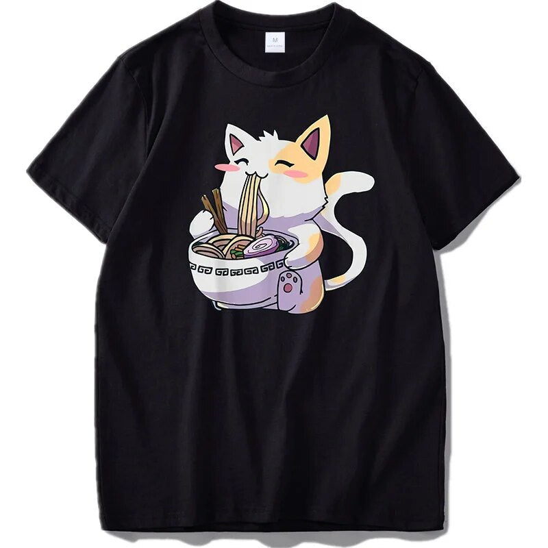Ramen T-Shirt Cat Tshirt Kawaii Anime Tee Japanese Gift T Shirt Tops Cartoon Graphic EU Size 100% Cotton