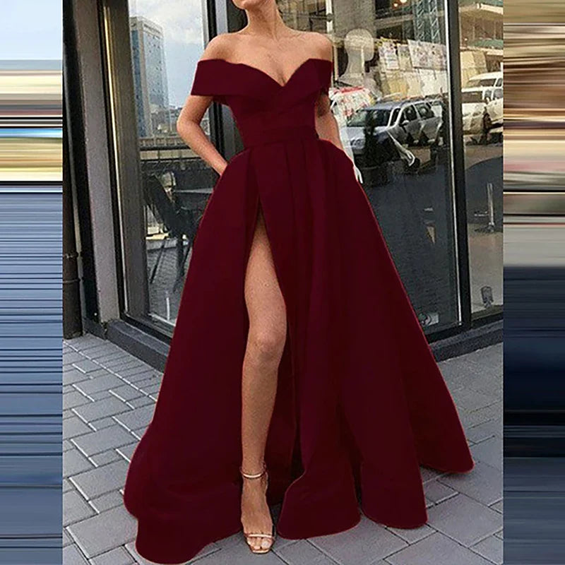Women’s Evening Gown – Satin Blend – Off Shoulder – High Slit – A-Line Floor Length