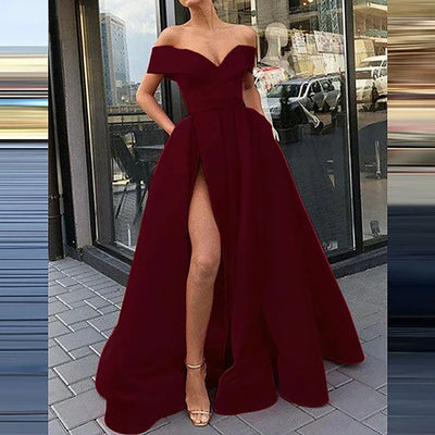 Women’s Evening Gown – Satin Blend – Off Shoulder – High Slit – A-Line Floor Length