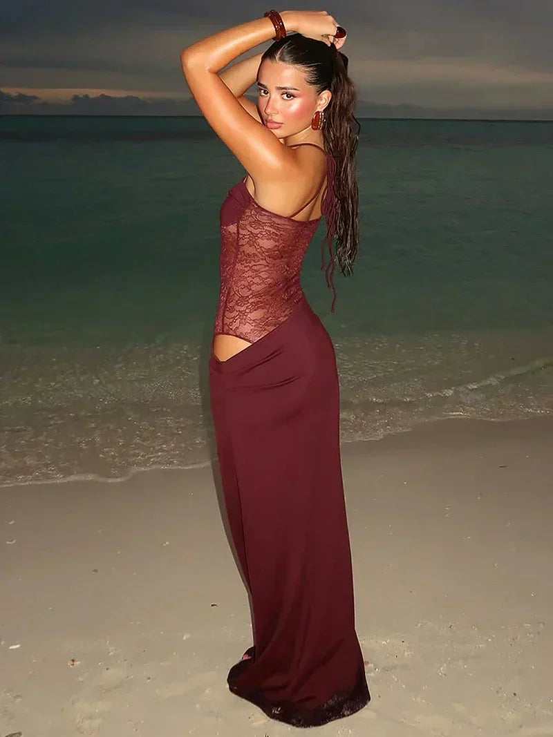 Noemi - Cryptographic Lace Trimmed Backless Maxi Dress