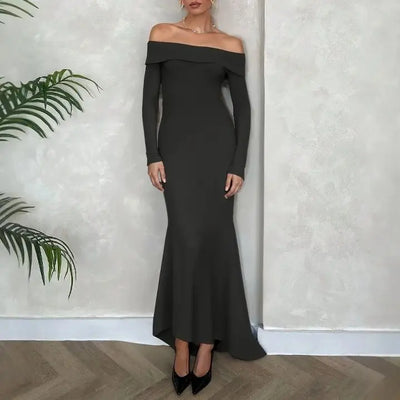 Women’s Evening Gown – Satin – Slim Fit – Off Shoulder – Long Sleeve – Floor Length