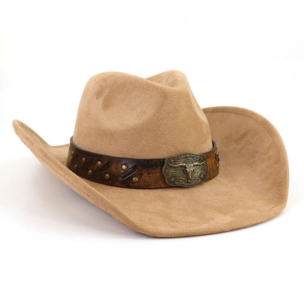 Western Big Brim Cowboy Hat Bull's Head Leather Band Suede Top Hat Outdoor Mens Hats Ladies Party Horse Riding Cowgirl Hat