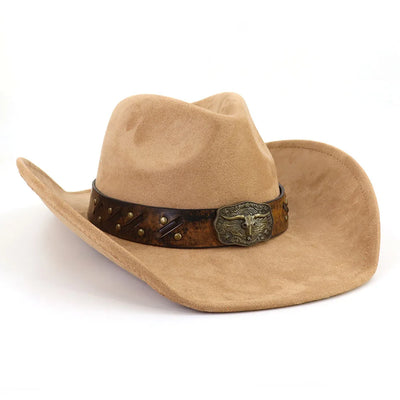Western Big Brim Cowboy Hat Bull's Head Leather Band Suede Top Hat Outdoor Mens Hats Ladies Party Horse Riding Cowgirl Hat