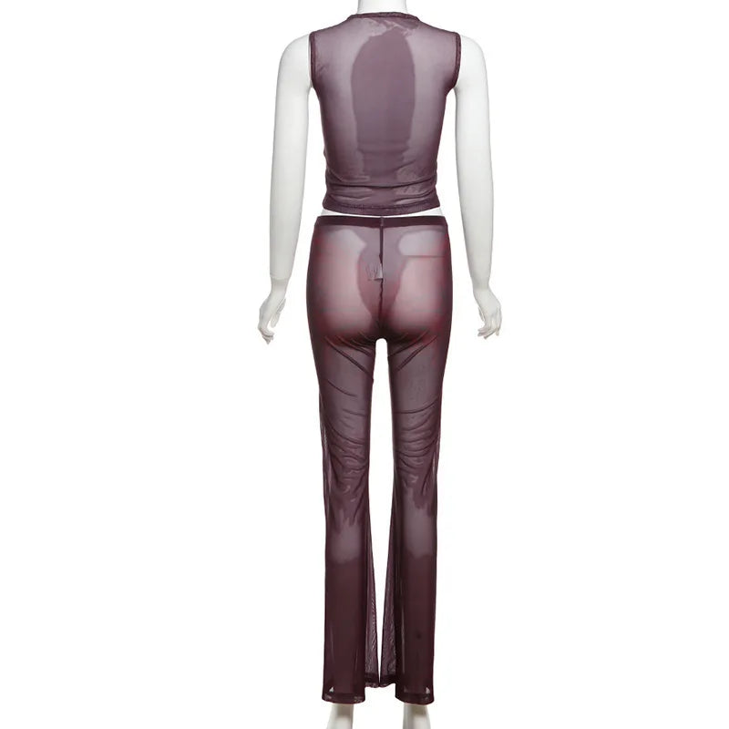 Women’s Two-Piece Set – Stretch Fit – Sleeveless Crop Top – High-Waist Flared Pants