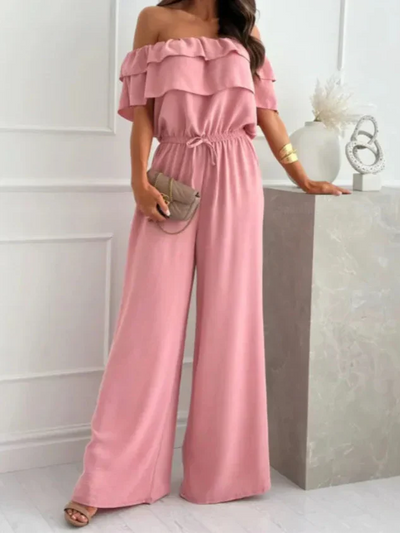 Women’s Jumpsuit – Off Shoulder Ruffle Neckline – Relaxed Fit Wide Leg – Lightweight Blend