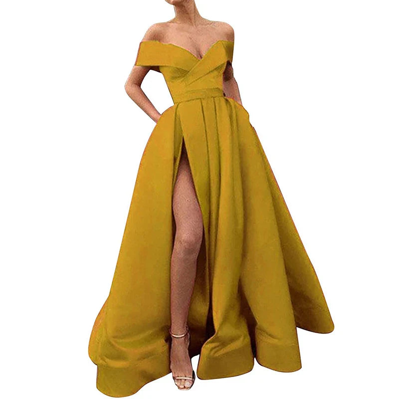 Women’s Evening Gown – Satin Blend – Off Shoulder – High Slit – A-Line Floor Length