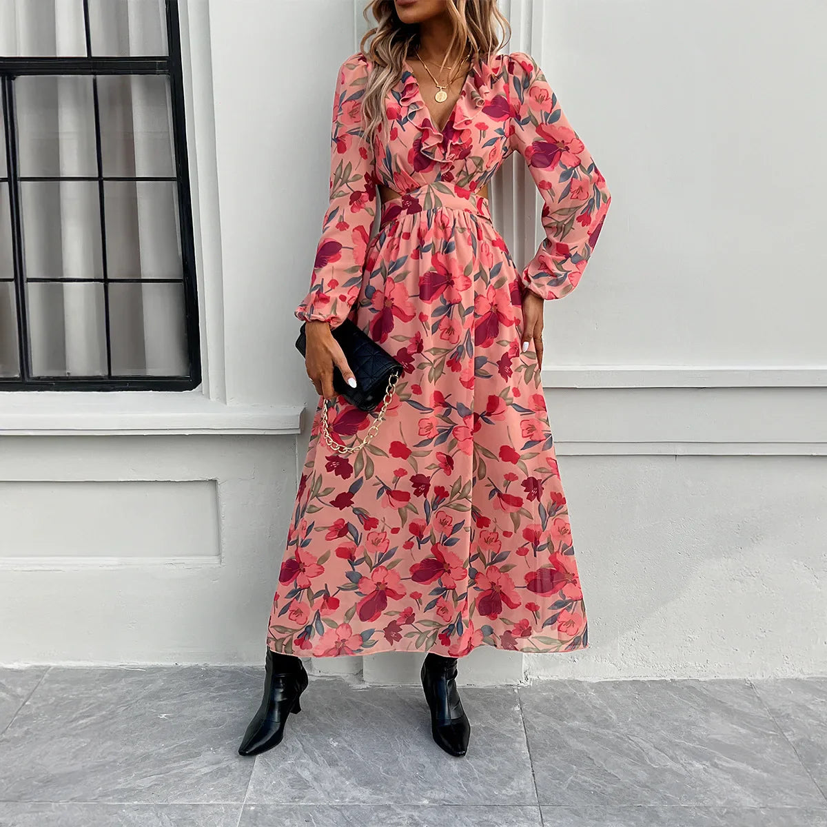 Women’s Maxi Dress – Floral Print – V-Neck – Puff Sleeve – Fitted Waist – Long Sleeve