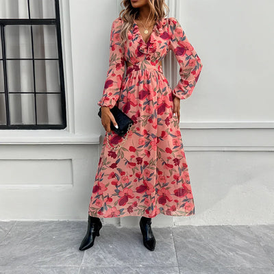 Women’s Maxi Dress – Floral Print – V-Neck – Puff Sleeve – Fitted Waist – Long Sleeve