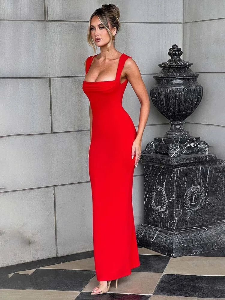 Women's Evening Gown – Stretch Jersey – Bodycon Fit – Sleeveless – Square Neck – Floor-Length