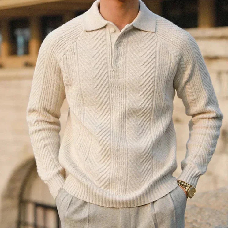 Men’s Knitted Sweater – Slim Fit – Wool Blend – Cable Knit – Polo Collar – Long Sleeve