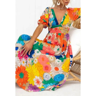 Women’s Maxi Dress – V-Neck – Puff Sleeves – Floral Print – Flowy Relaxed Fit