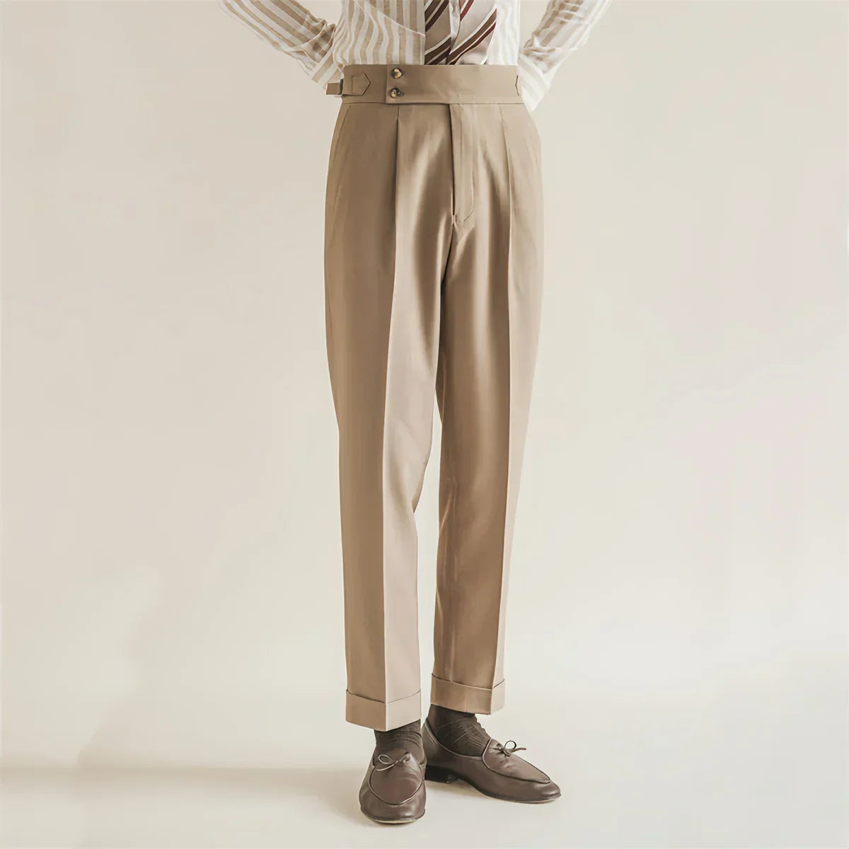 Men’s Tailored Trousers – Wool Blend – High-Rise Waist – Pleated – Cuffed Hem – Formal Fit