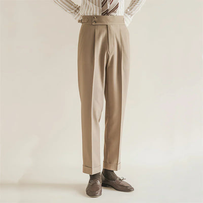 Men’s Tailored Trousers – Wool Blend – High-Rise Waist – Pleated – Cuffed Hem – Formal Fit