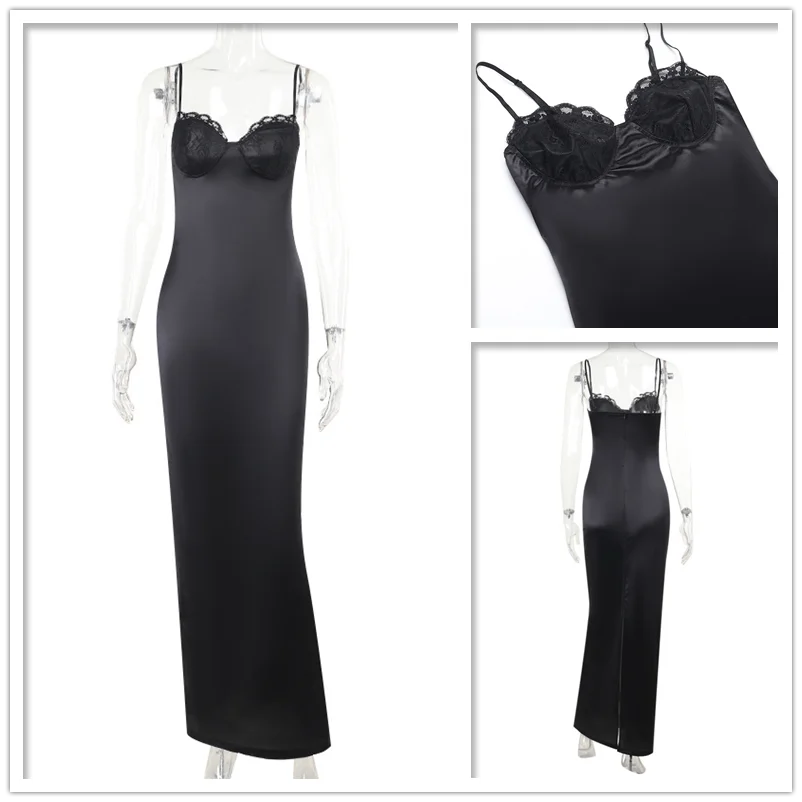 Women’s Maxi Dress – Slim Fit Satin – Sweetheart Neck – Spaghetti Straps Evening Wear