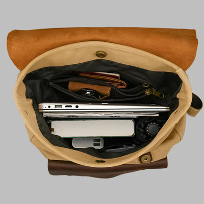 Genuine Leather & Canvas Rucksack - Vintage College Laptop Backpack