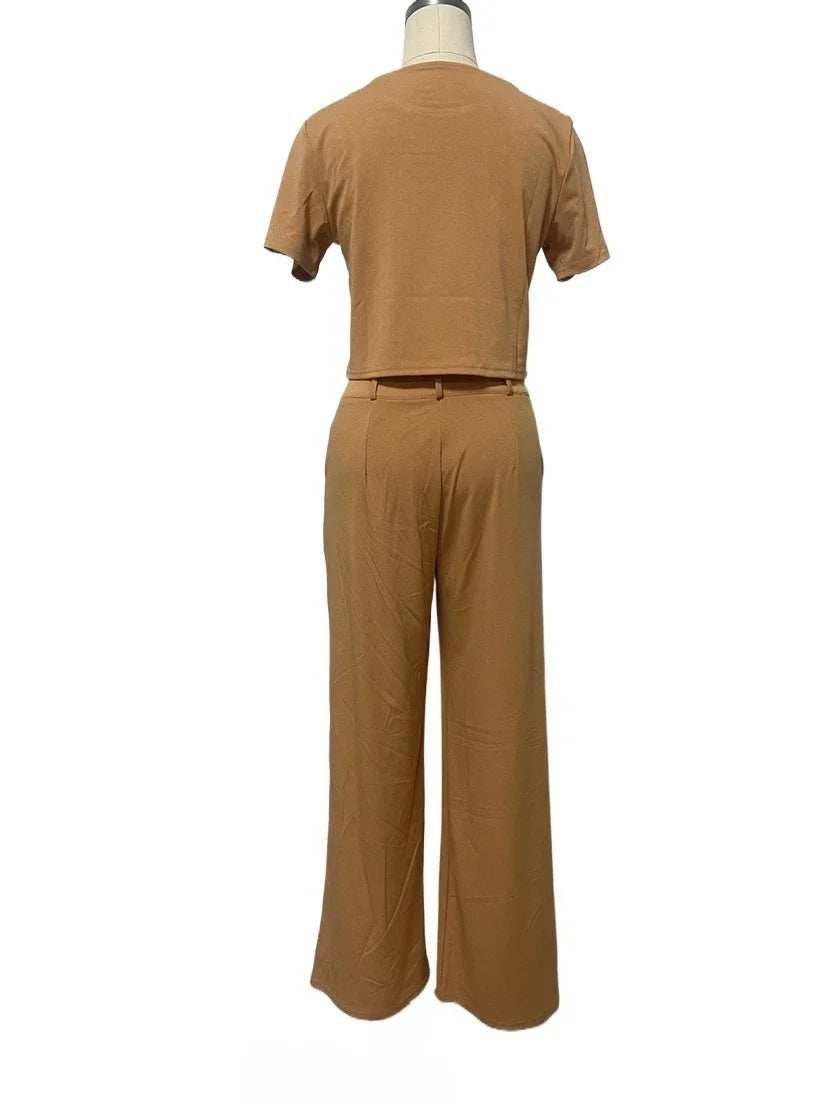 Eloisa - Short-Sleeved Cropped Top Tailored Pants Set