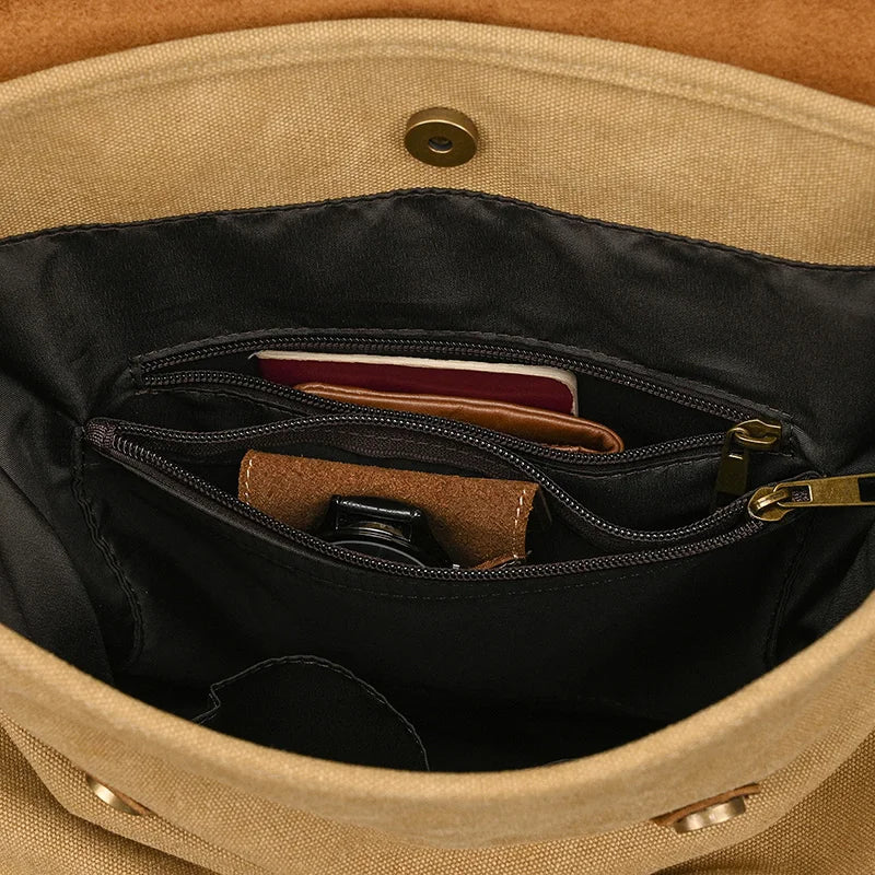 Genuine Leather & Canvas Rucksack - Vintage College Laptop Backpack