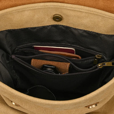 Genuine Leather & Canvas Rucksack - Vintage College Laptop Backpack