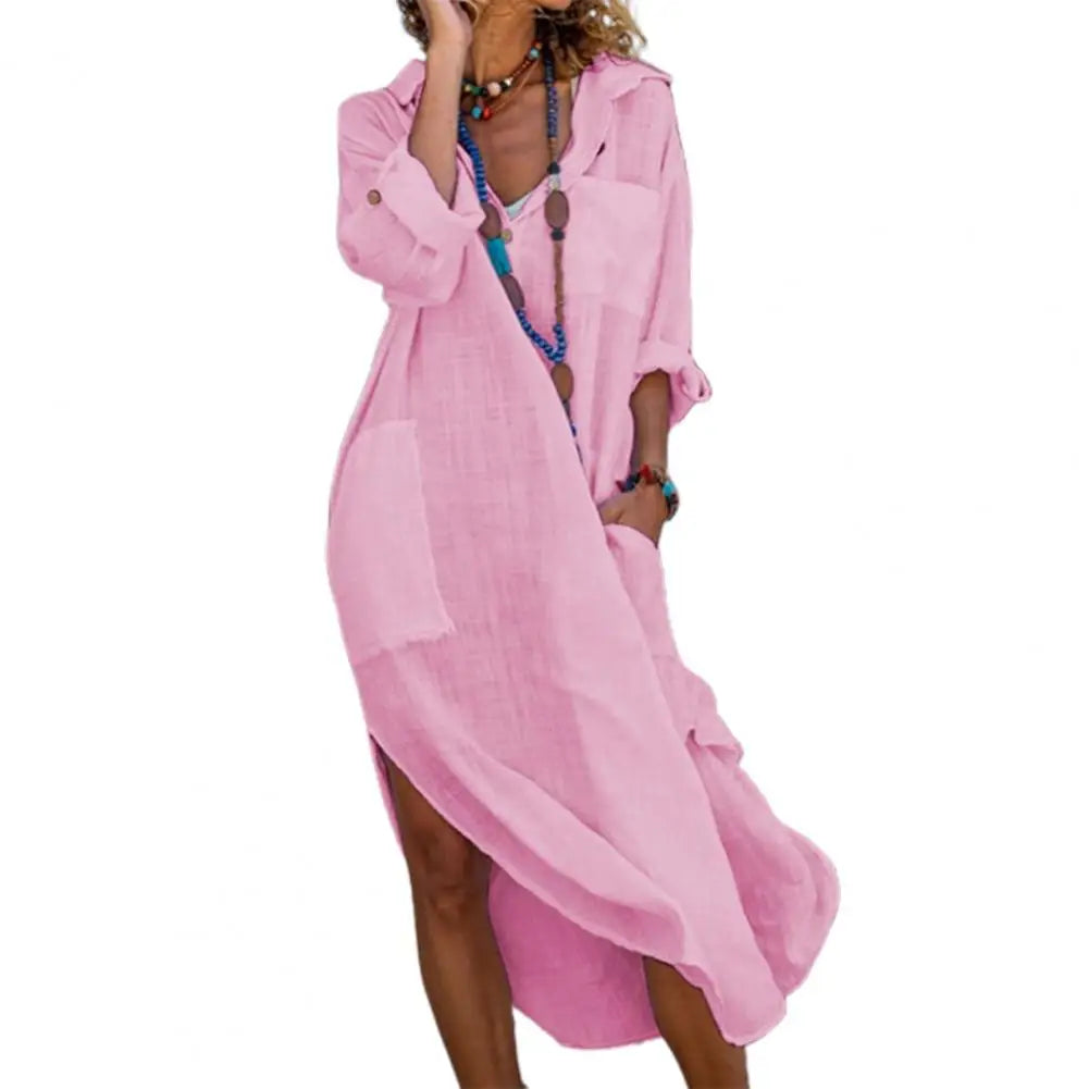 Women’s Shirt Dress – Cotton Linen Blend – Relaxed Fit – Button Down Midi with Pockets