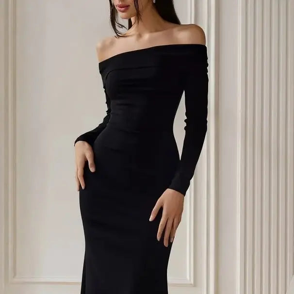 Women’s Evening Gown – Satin – Slim Fit – Off Shoulder – Long Sleeve – Floor Length