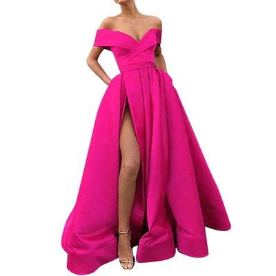 Women’s Evening Gown – Satin Blend – Off Shoulder – High Slit – A-Line Floor Length