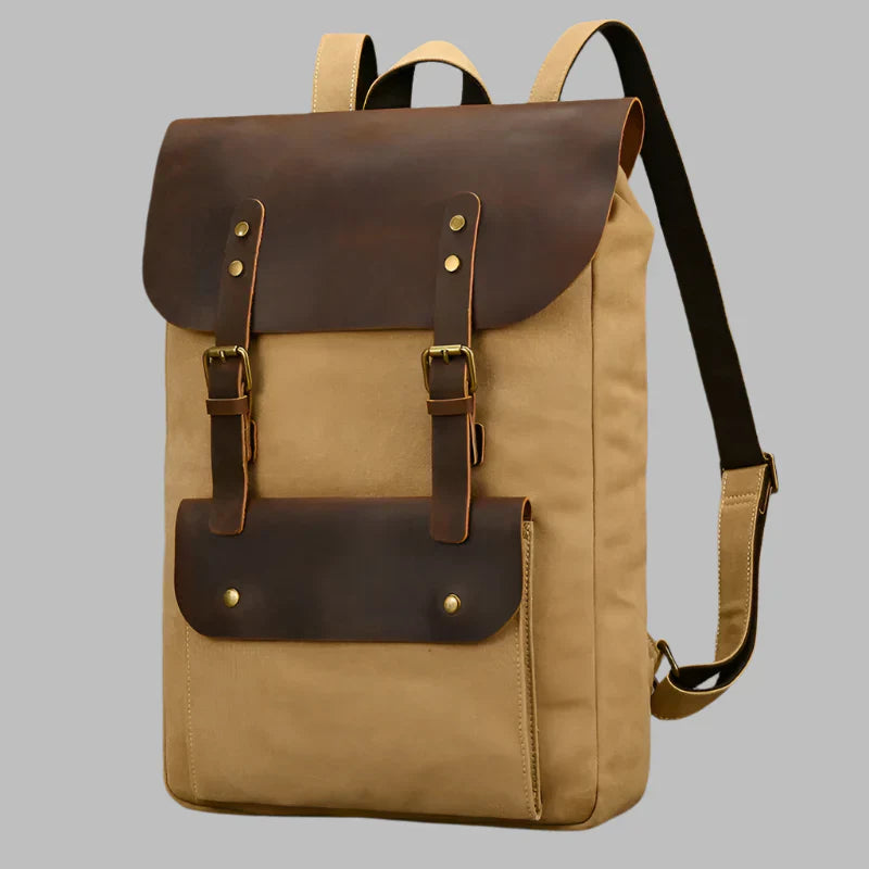 Genuine Leather & Canvas Rucksack - Vintage College Laptop Backpack