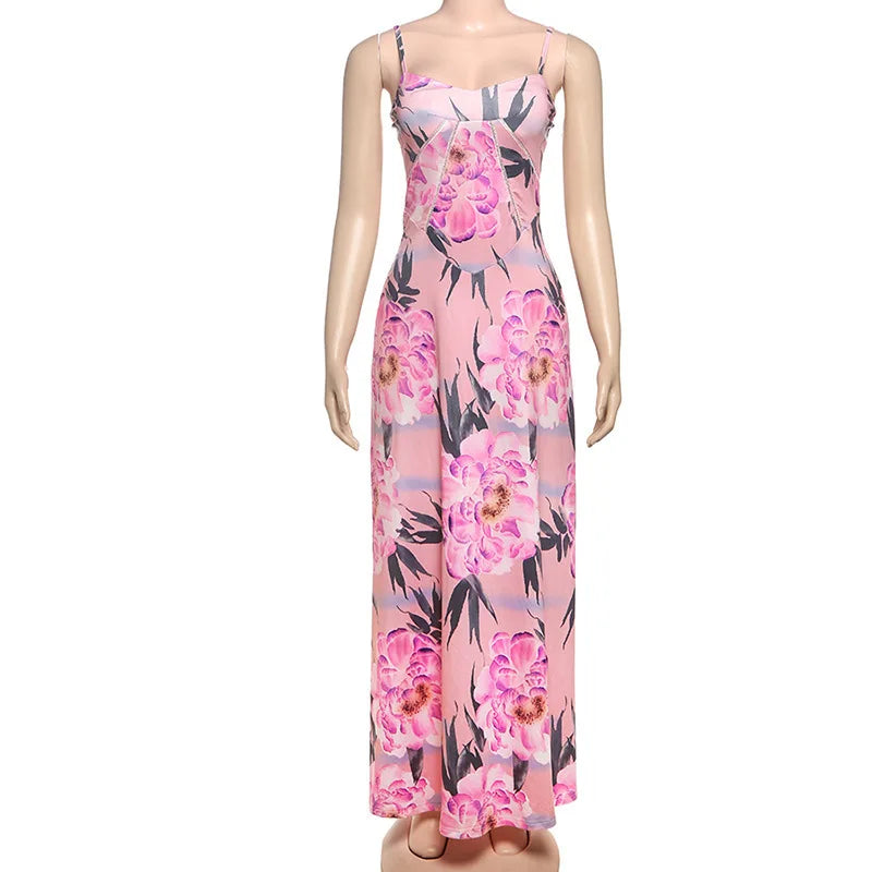 Women’s Maxi Dress – Floral Print – Draped Bodice – Spaghetti Straps – Flowy Fit