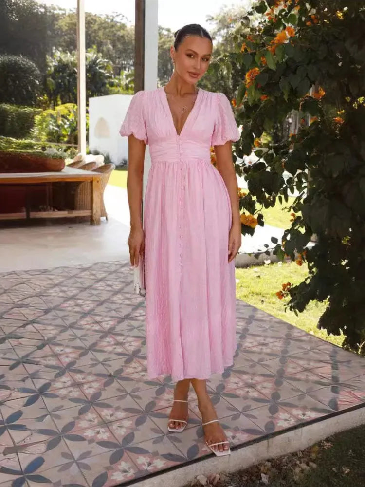 Women’s Midi Dress – Cotton Blend – A-Line Fit – Puff Sleeve – V-Neck – Tailored Waist