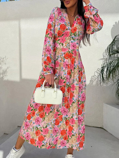 Women’s Maxi Dress – Floral Print – V-Neck – Button-Down – Long Sleeve Cotton
