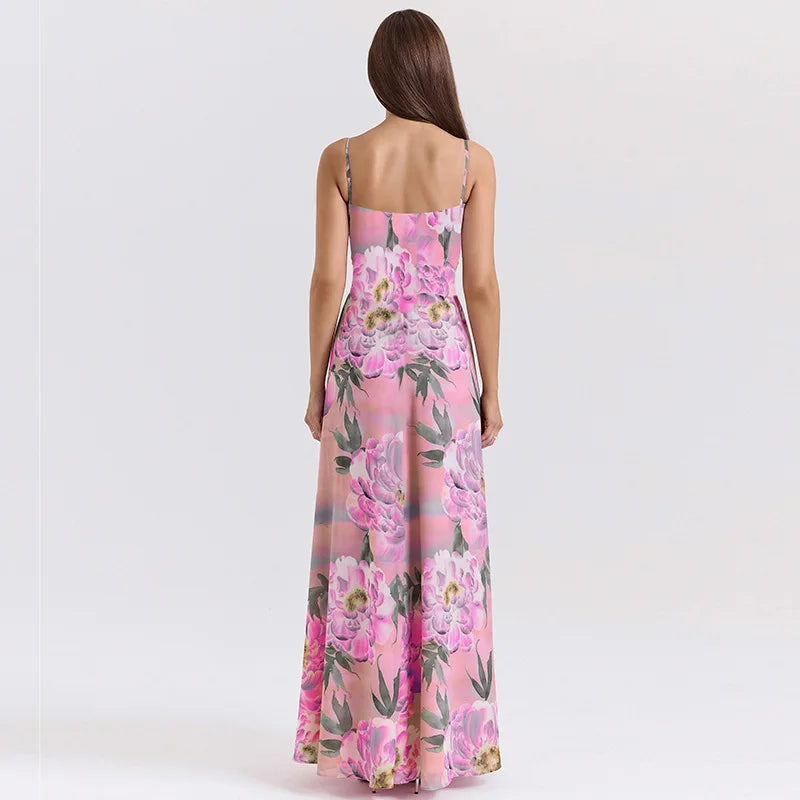 Women’s Maxi Dress – Floral Print – Draped Bodice – Spaghetti Straps – Flowy Fit