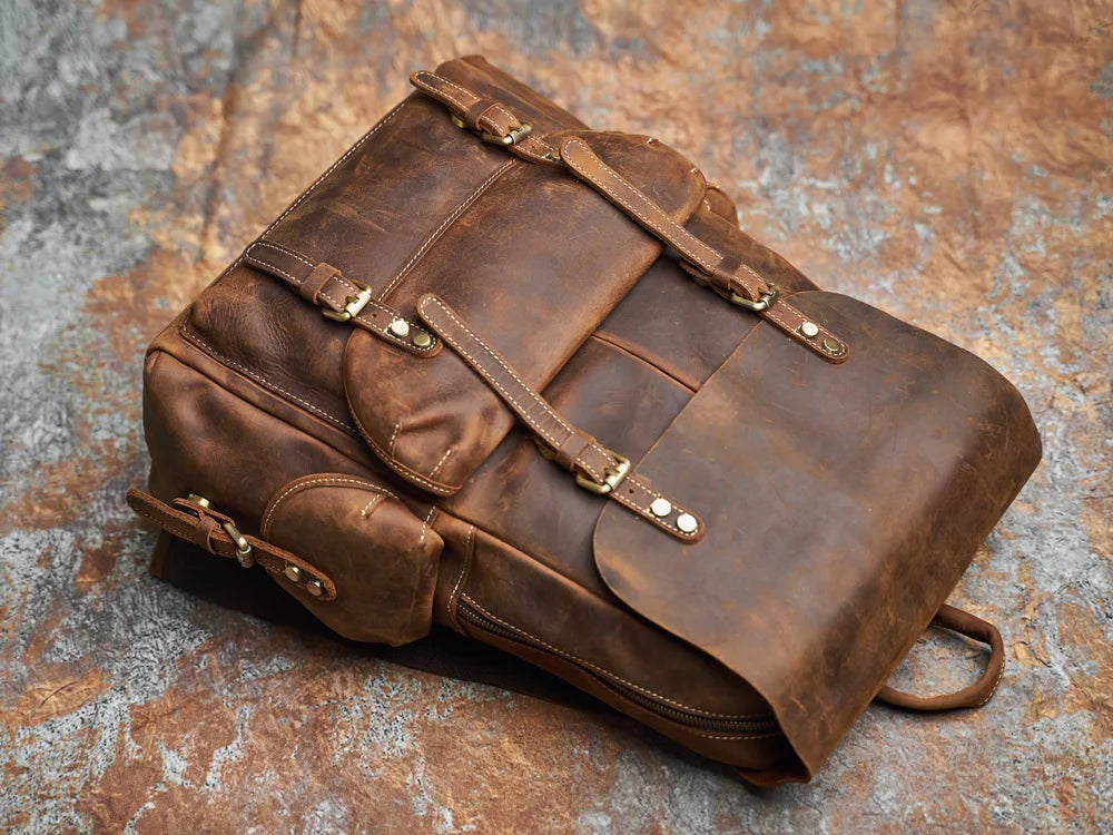 Rugged Genuine Leather Travel Backpack - Brown Large Capacity Daypack