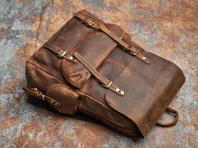 Rugged Genuine Leather Travel Backpack - Brown Large Capacity Daypack