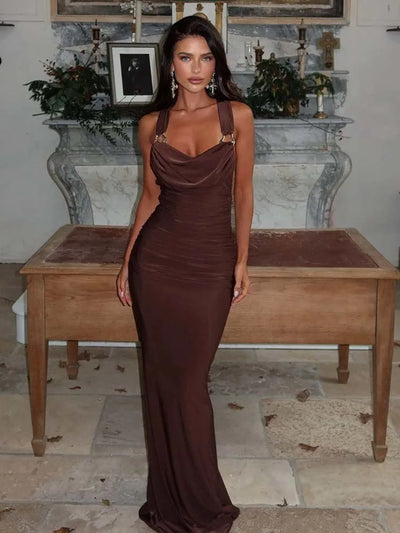 Women’s Evening Gown – Satin Bodycon Fit – Draped Neckline – Metallic Straps – Full Length