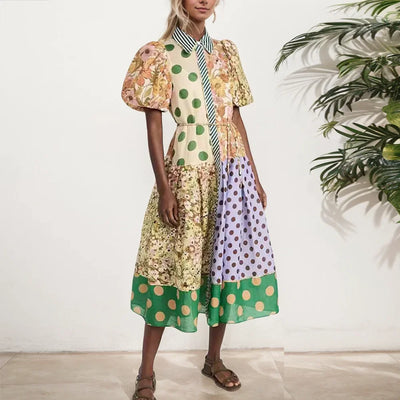 Women’s Midi Dress – A-Line Fit – Cotton Blend – Puff Sleeves – Patchwork Print – Collared Neck