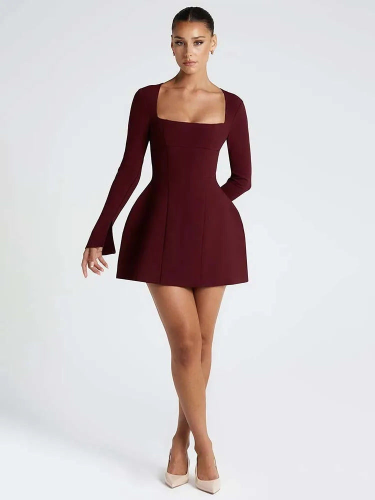 Women’s Mini Dress – Fit and Flare – Square Neck – Long Sleeve – Structured Fabric