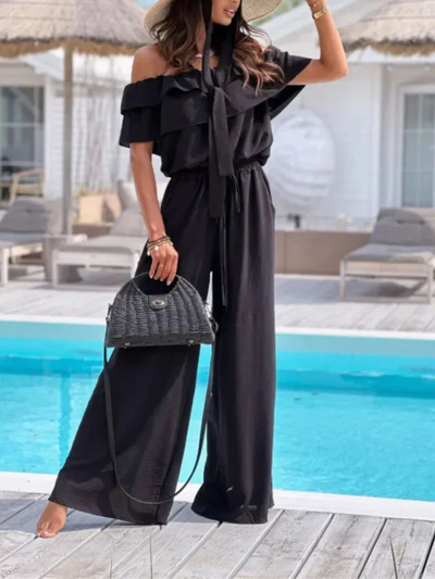 Women’s Jumpsuit – Off Shoulder Ruffle Neckline – Relaxed Fit Wide Leg – Lightweight Blend