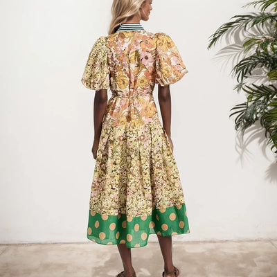 Women’s Midi Dress – A-Line Fit – Cotton Blend – Puff Sleeves – Patchwork Print – Collared Neck