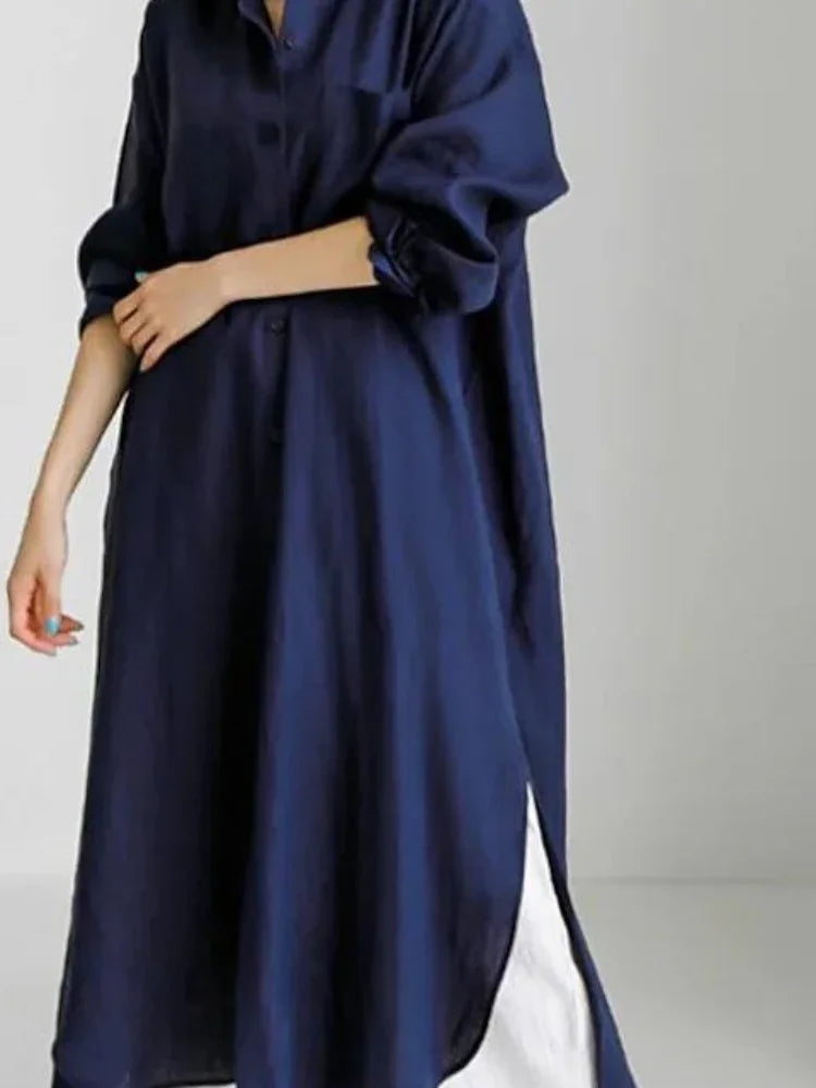 Women’s Shirt Dress – Linen Blend – Relaxed Fit – Midi Length – Button Down – Side Slits