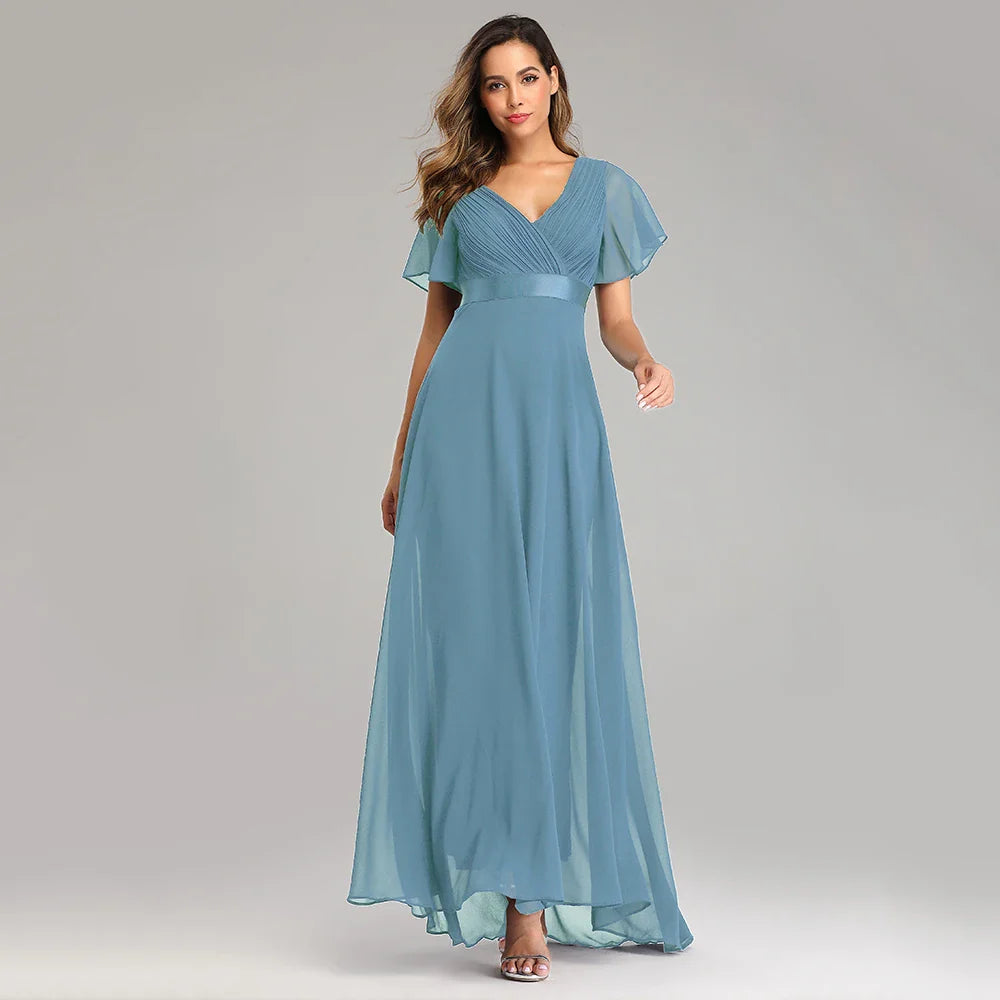 Women’s Evening Gown – Chiffon A-Line – V-Neck – Flutter Sleeves – Full Length