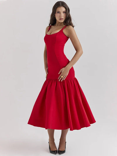 Women’s Midi Dress – Fitted Bodice – Scoop Neck – Sleeveless – A-Line Skirt