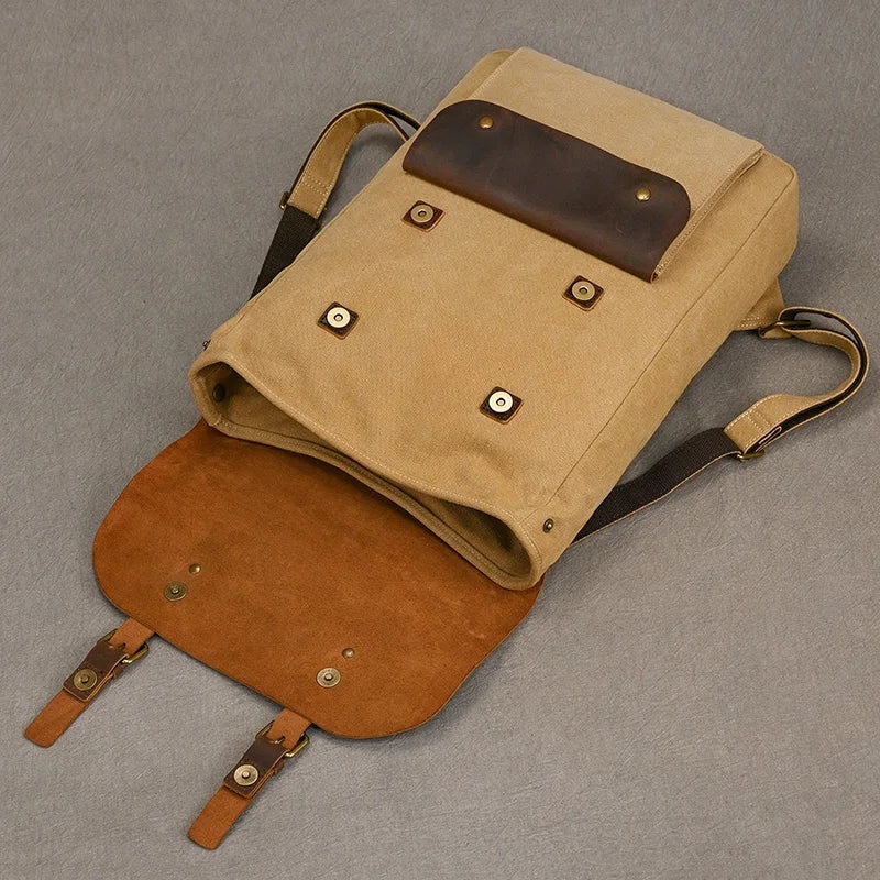 Genuine Leather & Canvas Rucksack - Vintage College Laptop Backpack