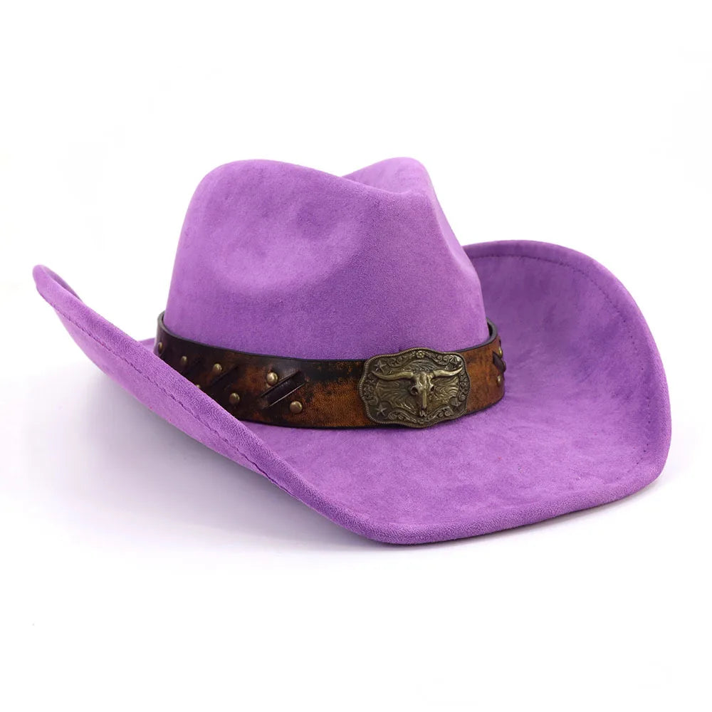 Western Big Brim Cowboy Hat Bull's Head Leather Band Suede Top Hat Outdoor Mens Hats Ladies Party Horse Riding Cowgirl Hat