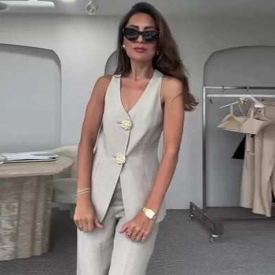 Eliza - Casual V-Neck Vest Two-piece Suit