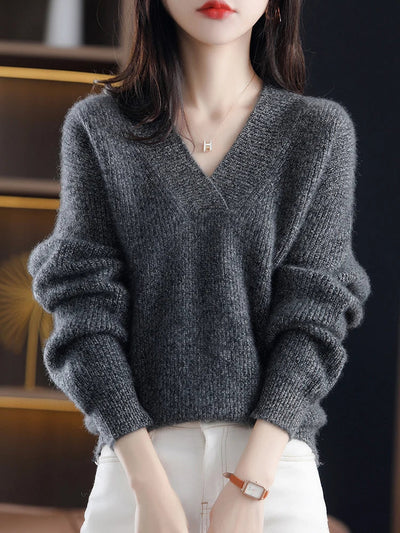 Women’s Pullover Sweatshirt – Soft Knit – Relaxed Fit – V-Neck – Ribbed Hem & Cuffs
