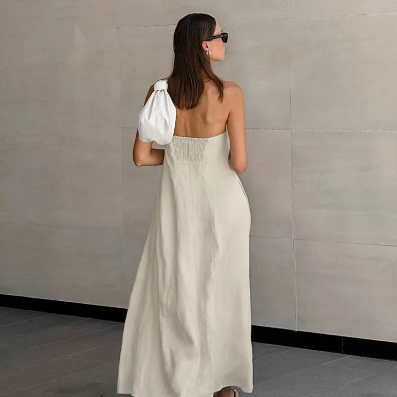 Women’s Strapless Dress – Cotton Linen Blend – Relaxed Fit – Full Length Backless