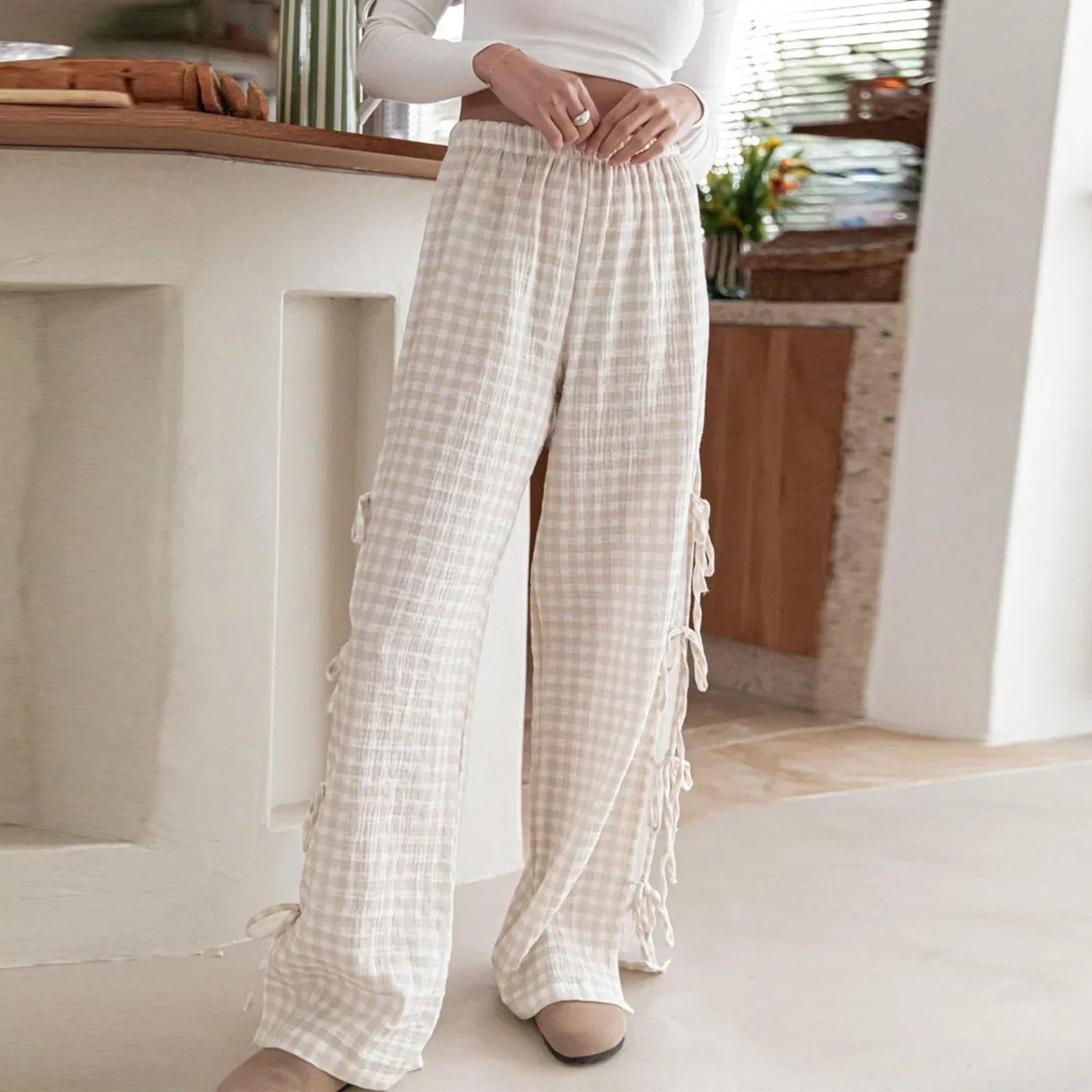 Women’s Wide Leg Trousers – 100% Cotton – Relaxed Fit – Checkered – Side Tie Waist